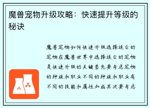 魔兽宠物升级攻略：快速提升等级的秘诀